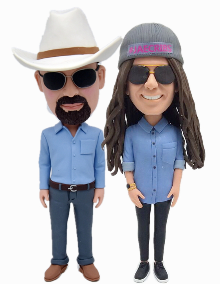 Custom cake toppers couple wearing jackets and sunglasses