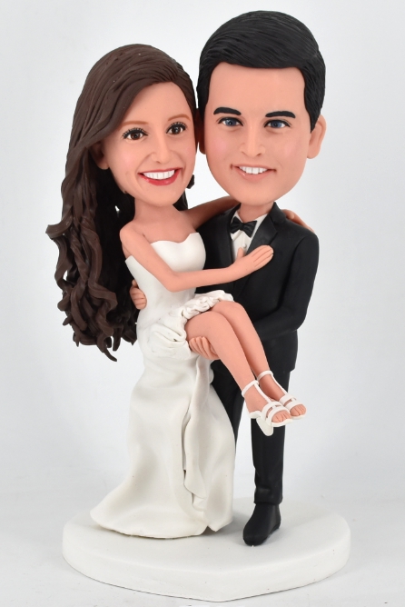 Custom cake toppers Groom holding bride wedding figurines  - Click Image to Close
