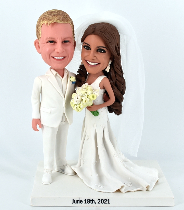 Custom cake toppers all white wedding cloths with veil on bride