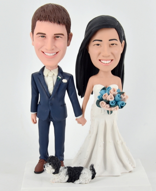 Custom cake toppers wedding couple with their dog