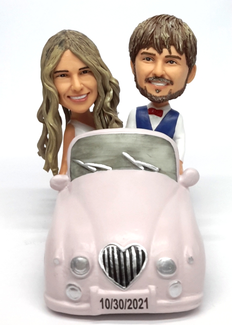 Custom cake topper couple driving in car to happy marriage