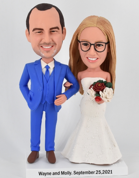 Custom cake topper groom wearing blue suite wedding couple