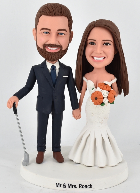 Custom cake toppers groom holding golf club bride with bouquet